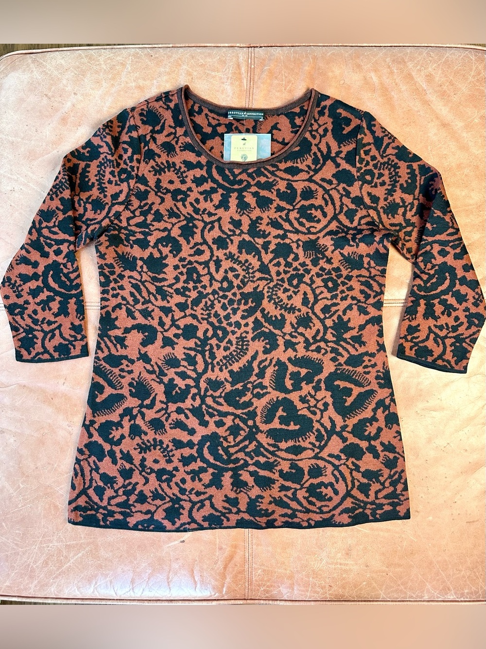 NWT Peruvian Connection Brown Black Floral Print Scoop Neck Top Medium Boho Chic